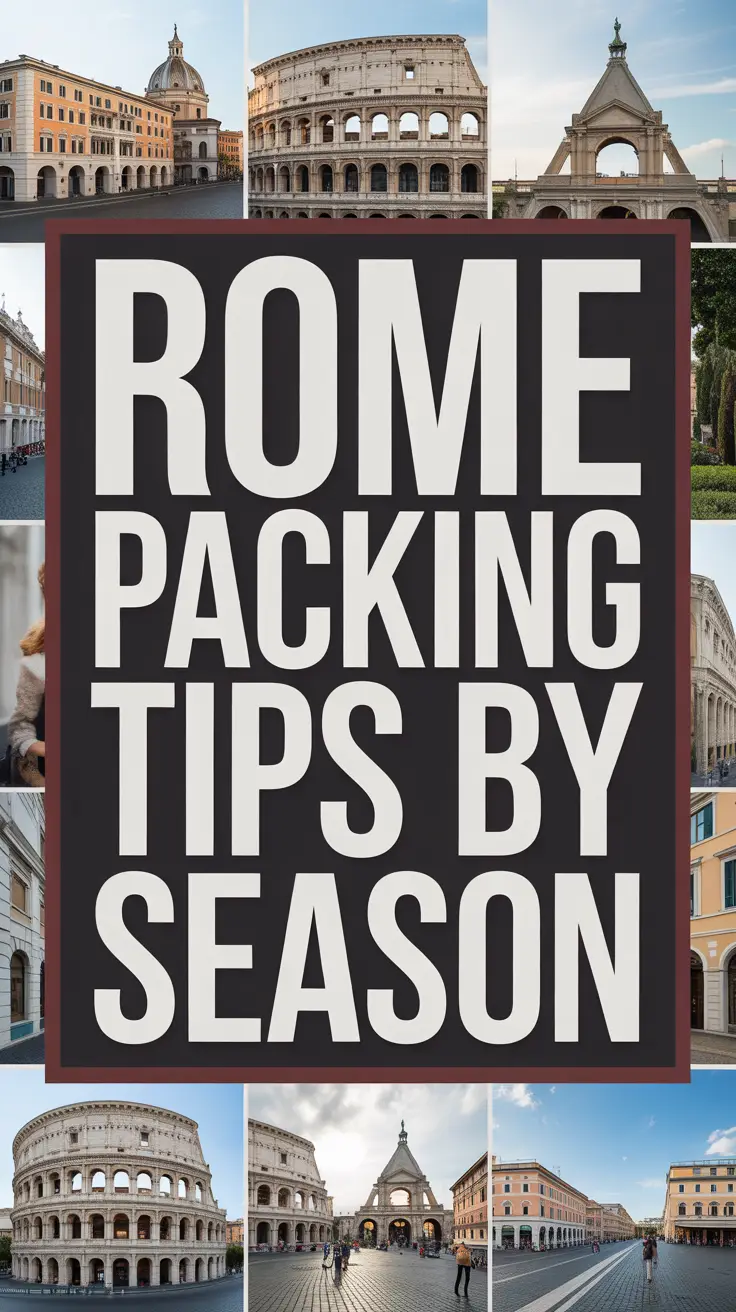 Bold white text reading "Rome Packing Tips by Season" displayed in a dark box, surrounded by a vibrant collage of seasonal imagery in a realistic style.
