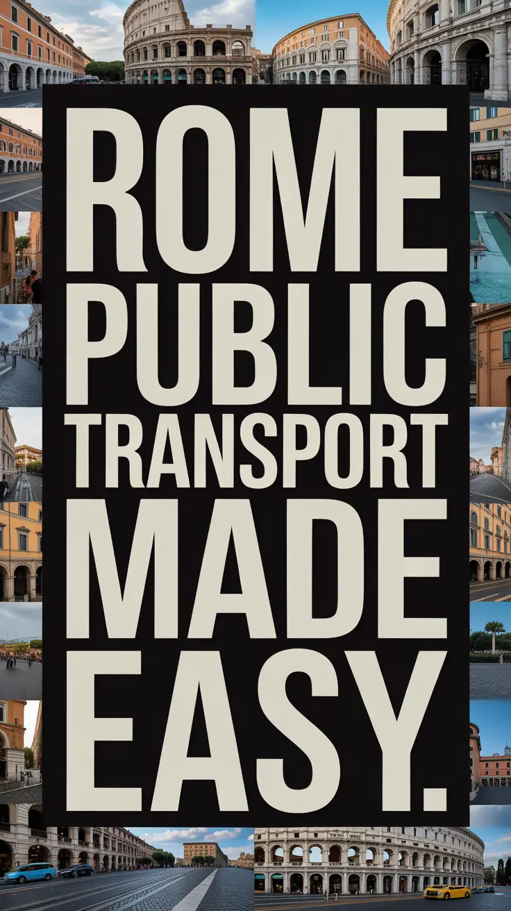 Big white bold text in a dark box reads "Rome Public Transport Made Easy," set against a vibrant collage of city images.