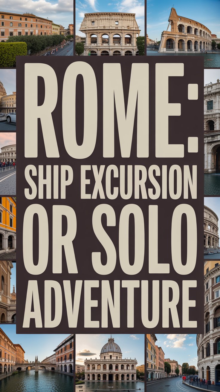 Big text overlay saying "Rome: Ship Excursion or Solo Adventure" in bold white letters on a dark box, surrounded by a vibrant collage of realistic travel images.