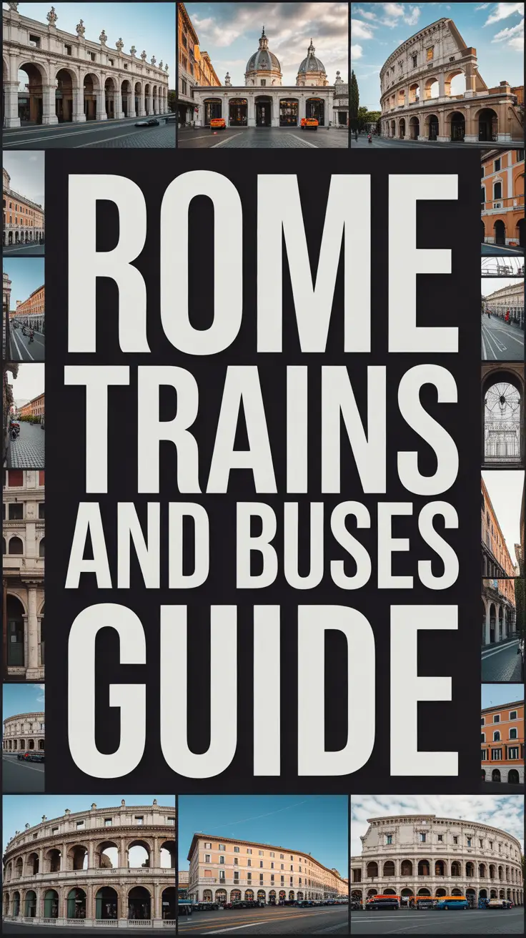 Bold white text reading "Rome Trains and Buses Guide" in a dark box over a collage of vibrant, realistic transport-themed images.
