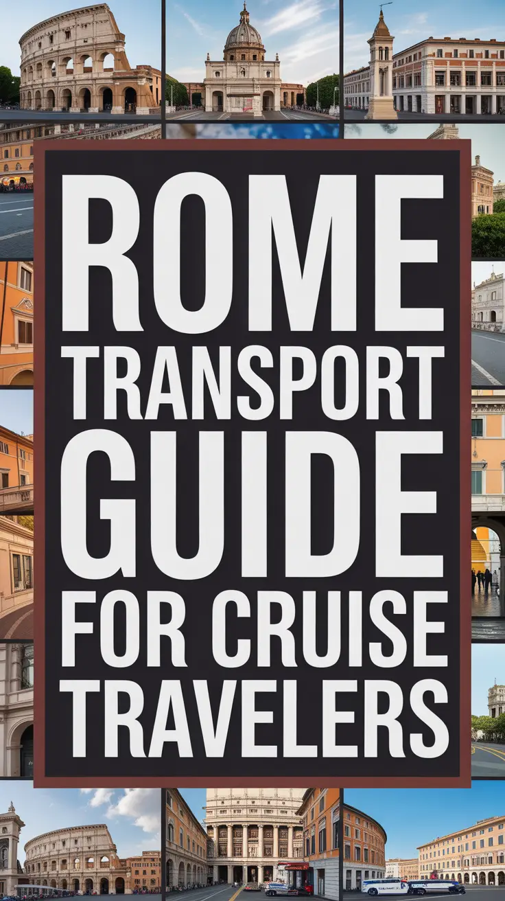 Bold white text reading "Rome Transport Guide for Cruise Travelers" stands out in a dark box, surrounded by a vibrant collage of realistic travel images.