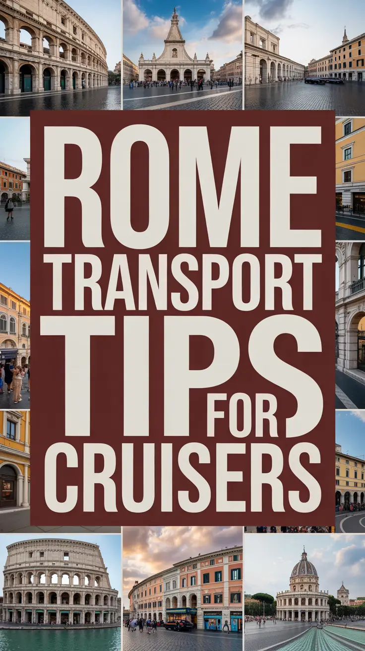Big text overlay reads "Rome Transport Tips for Cruisers" in bold white lettering on a dark box, surrounded by a vibrant collage of realistic travel images.