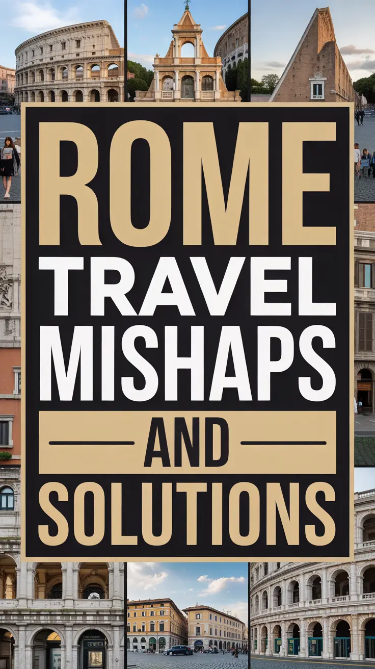 Big text overlay reading "Rome Travel Mishaps and Solutions" in bold white letters on a dark box, surrounded by a vibrant collage of realistic travel images.