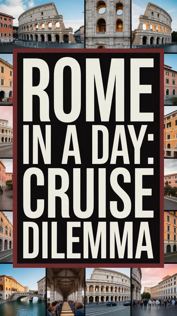 Bold white text stating "Rome in a Day: Cruise Dilemma" set in a dark box, surrounded by a vibrant collage of realistic travel images.