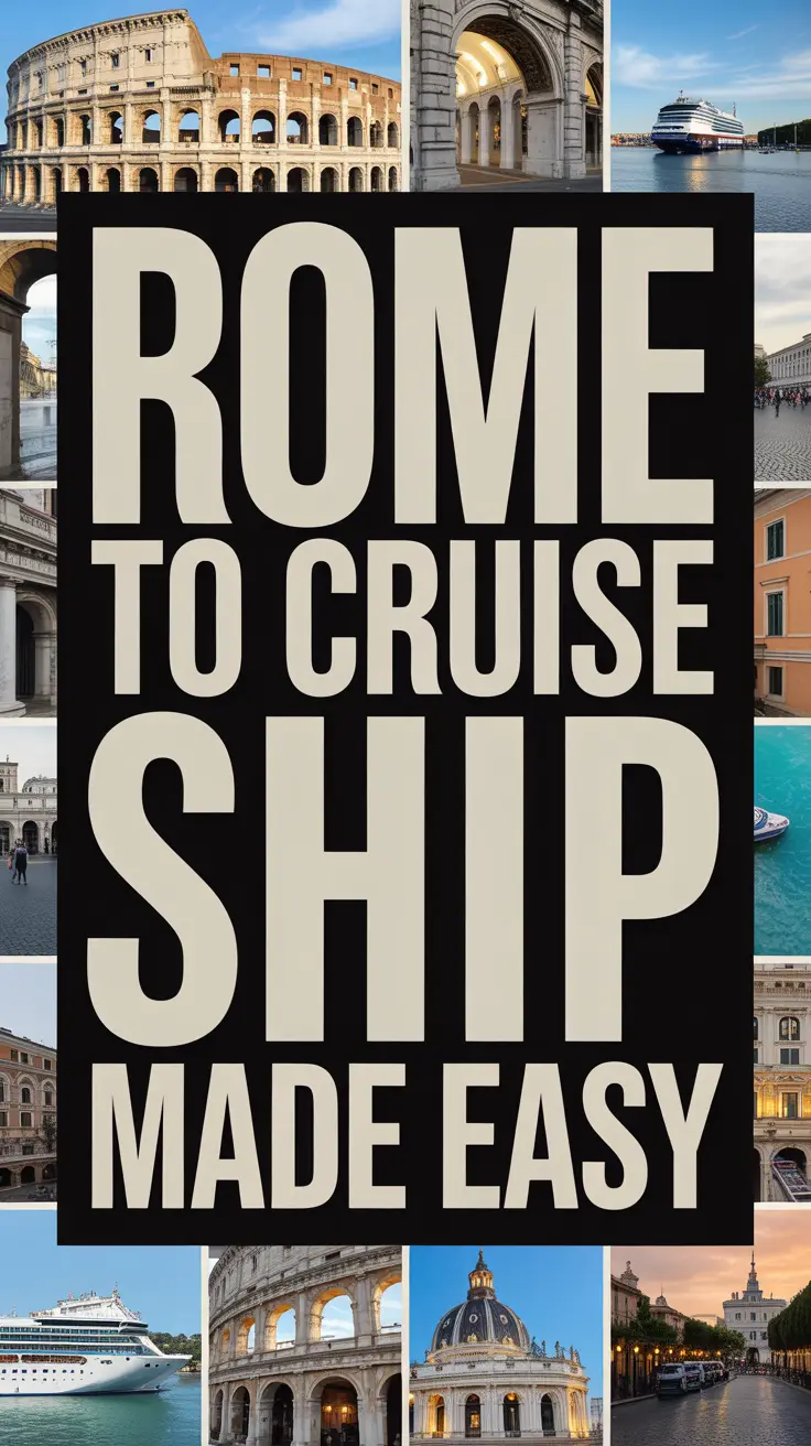 A bold white headline reading "Rome to Cruise Ship Made Easy" stands out in a dark box, surrounded by a vibrant collage of realistic travel images.