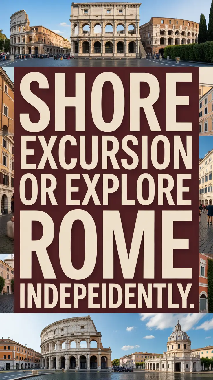Bold white text reading "Shore Excursion or Explore Rome Independently" set in a dark box over a vibrant collage of travel images.