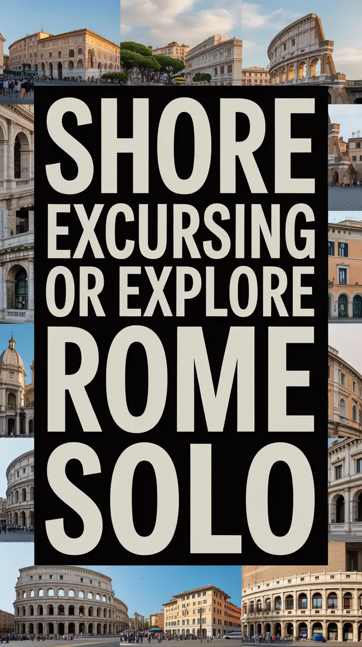 Bold white text reading "Shore Excursion or Explore Rome Solo" stands out in a dark box over a vibrant collage of realistic travel images.