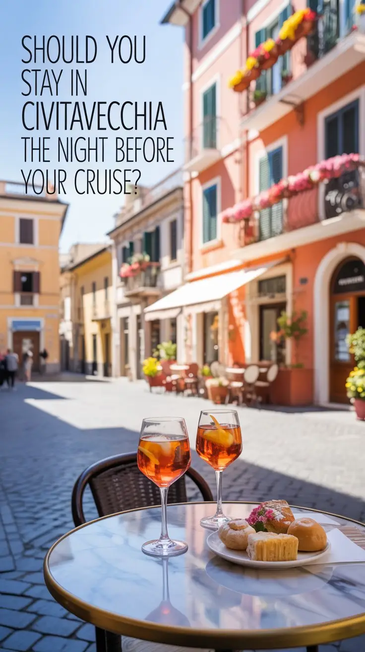 A vibrant lifestyle advertisement showcasing the charm of Civitavecchia, Italy, subtly promoting the idea of pre-cruise stays. The scene depicts a charming cobblestone street bathed in bright sunlight, featuring a cozy, inviting boutique hotel with flower-filled balconies, and a comfortable cafe table with two glasses of Aperol Spritz and a plate of pastries. Overlayed on the left side of the image, in a clean, modern font, is the text "Should You Stay in Civitavecchia the Night Before Your Cruise?" to capture attention, creating a warm and relaxed Mediterranean atmosphere, ideal for travelers planning a cruise vacation. The overall aesthetic is aspirational and suggestive, highlighting the relaxed enjoyment and potential benefits of arriving a day early.