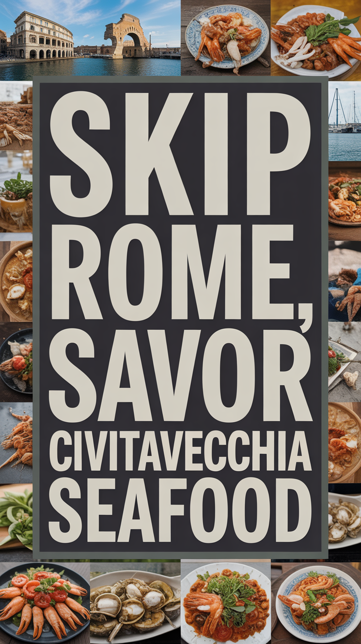 Bold white text in a dark box reads "Skip Rome, Savor Civitavecchia Seafood" with a vibrant collage of realistic seafood imagery surrounding it.
