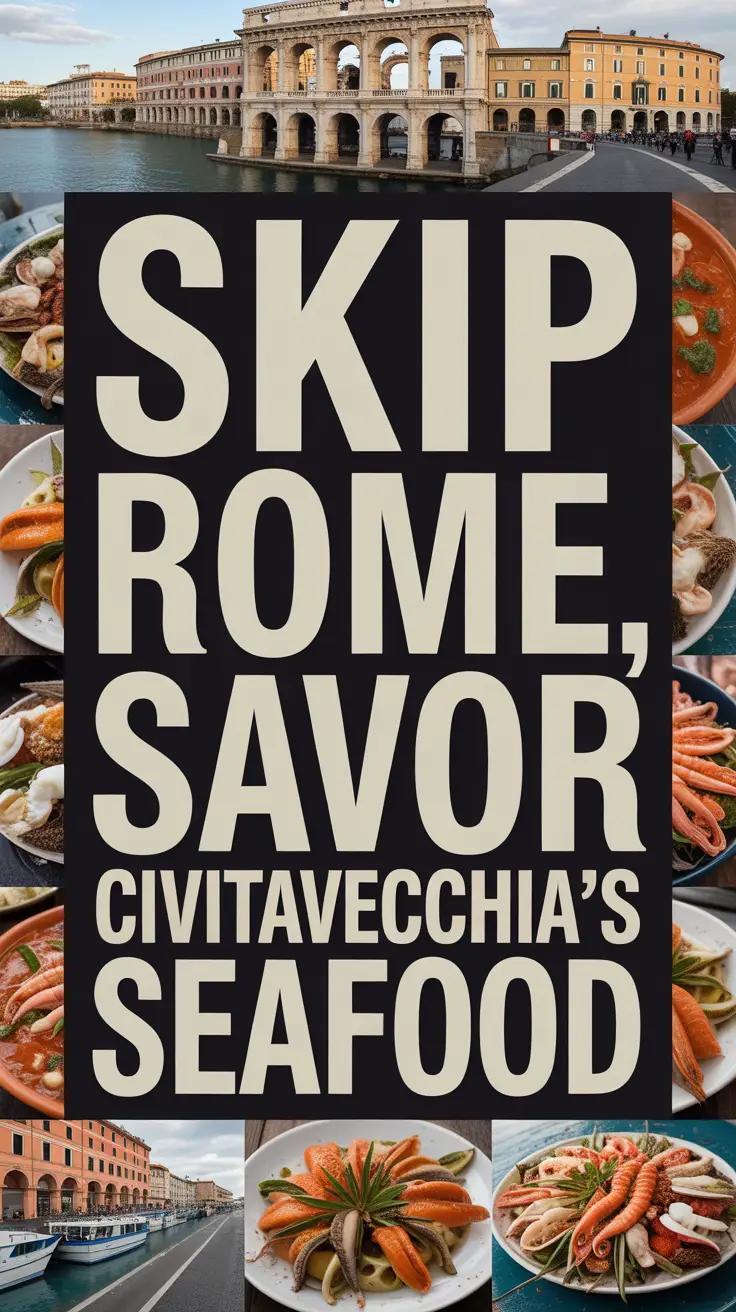 Bold white text in a dark box reads "Skip Rome, Savor Civitavecchia’s Seafood," over a vibrant collage of realistic seafood and coastal imagery.