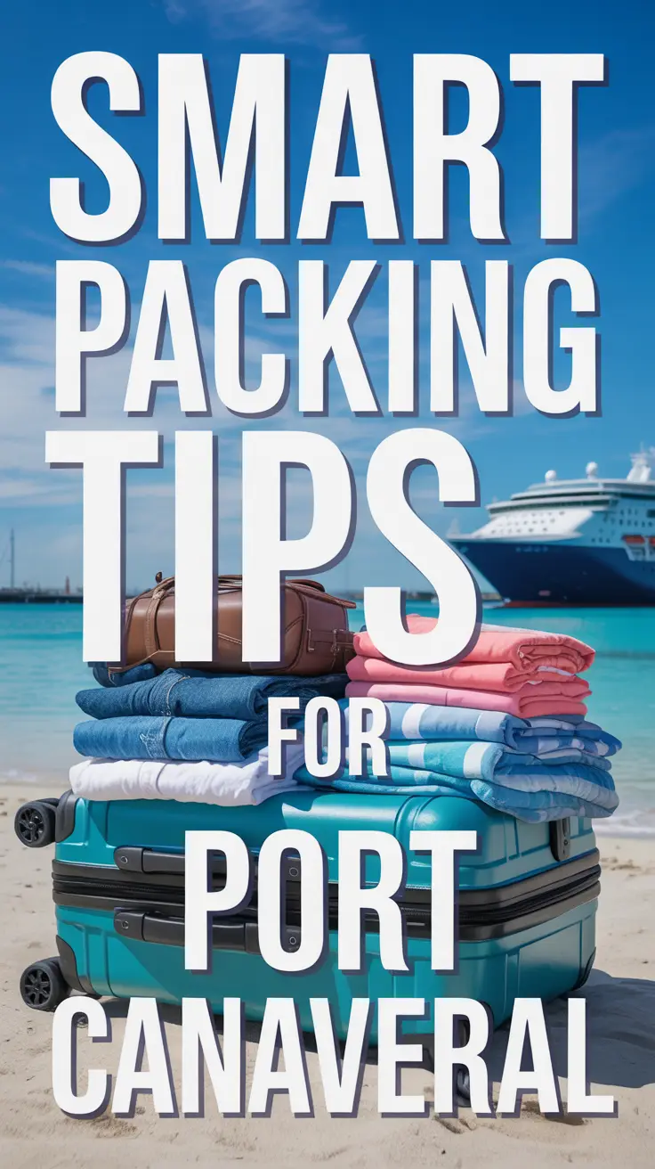A turquoise suitcase packed with travel essentials sits on a sunny Port Canaveral beach with a cruise ship in the background and bold vintage-style text promoting smart packing tips.