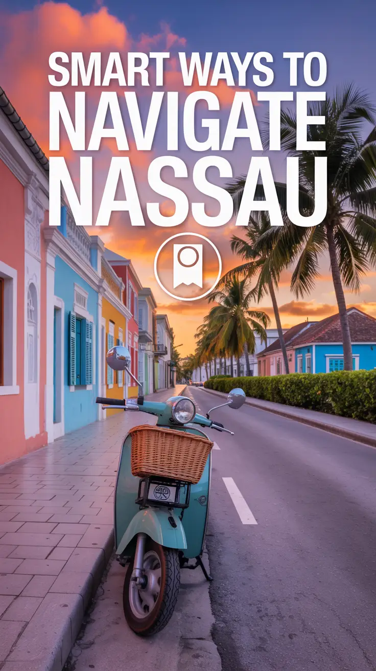 A vibrant travel poster of "Smart Ways to Navigate Nassau" featuring a scooter on a cobblestone street with colonial buildings, palm trees, and a Bahamian sunset.