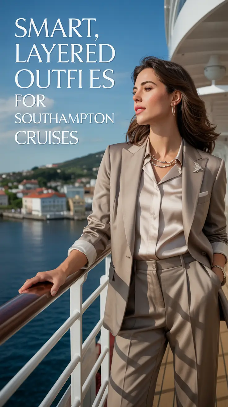 A woman in stylish layered cruise attire poses elegantly on a luxury ship deck with a coastal town backdrop, highlighting nautical-themed accessories in soft natural light.