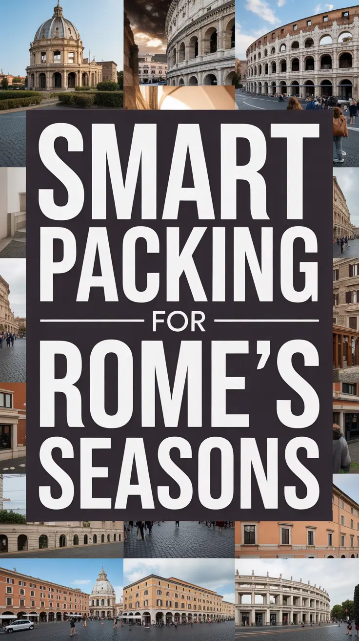 Smart packing for Rome's seasons with bold white text on a dark box, surrounded by a vibrant collage of travel-themed images.
