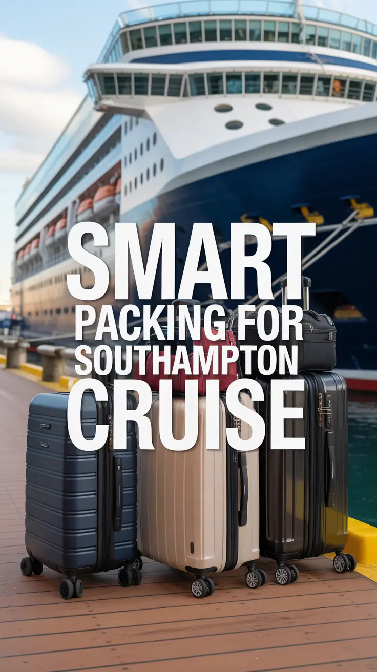 Stylish travel luggage arranged on a wooden deck with a cruise ship in the background at Southampton docks, evoking luxury and organized vacation vibes.