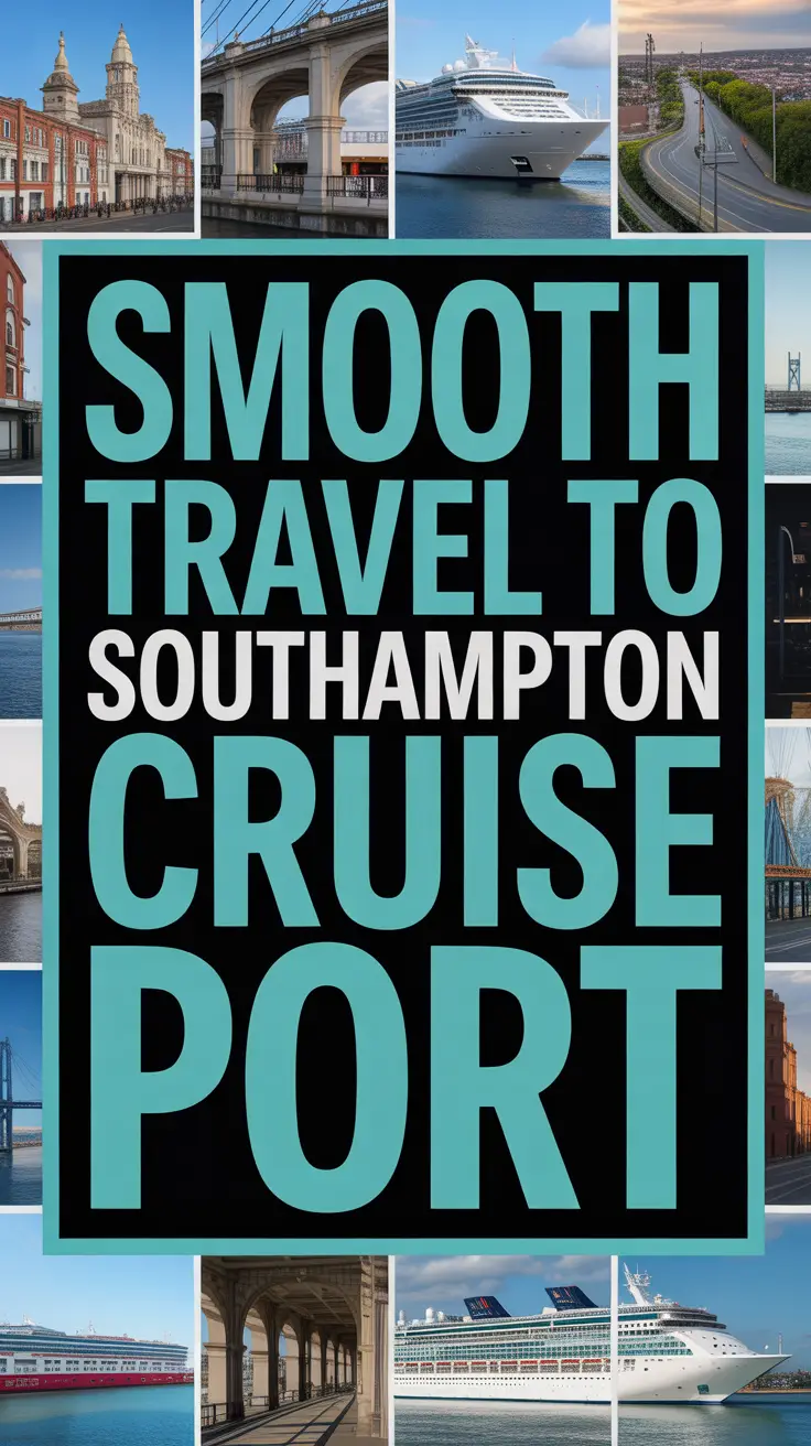 Bold white text stating "Smooth travel to Southampton Cruise Port" displayed in a dark box with a vibrant collage of travel-themed images in a realistic style.
