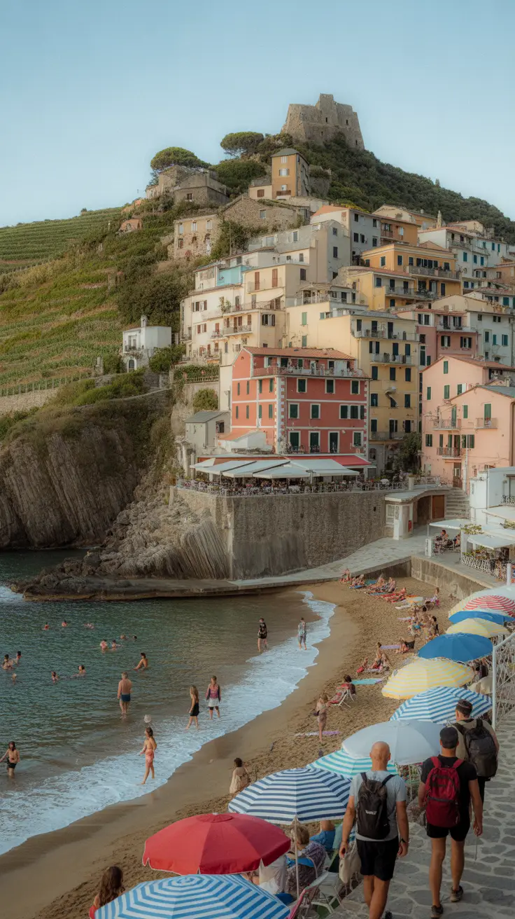 Cinque Terre’s Hidden Villages Revealed in bold white text over a dark box, centered among a vivid collage of colorful, realistic images showcasing coastal scenery and charming Italian village life.