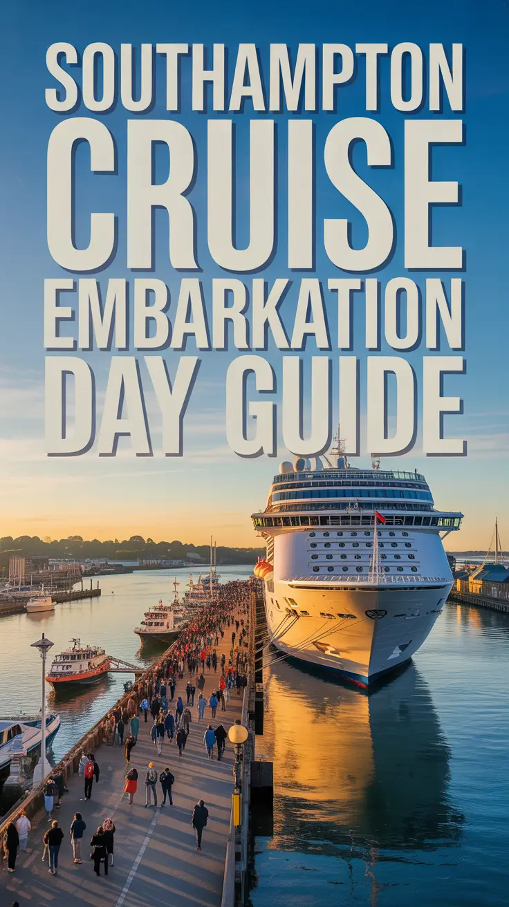 A vibrant travel poster showing a sunrise view of Southampton docks with a cruise ship, lively harbor, and excited passengers embarking on a cruise adventure.