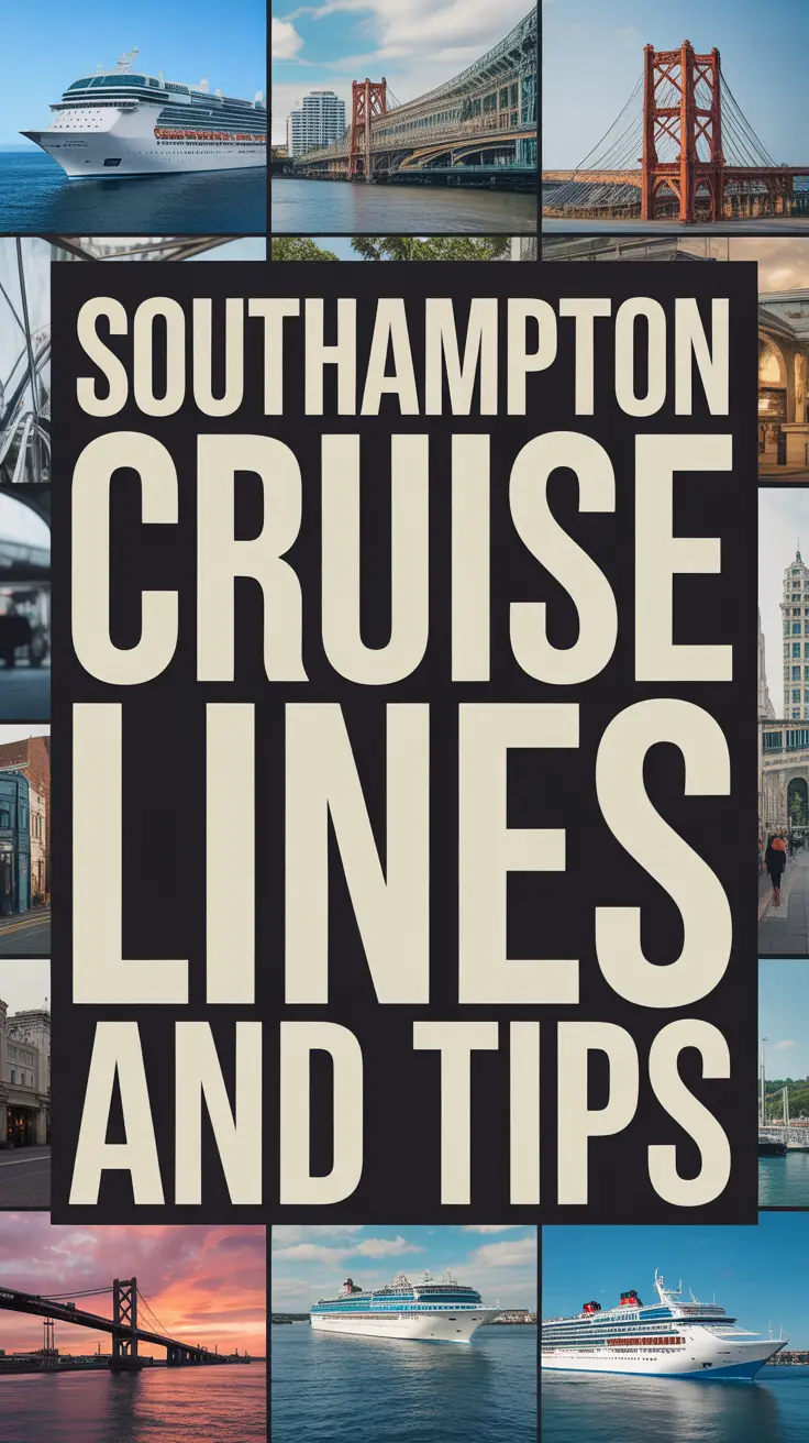 Bold white text reading "Southampton Cruise Lines and Tips" over a dark box, surrounded by a vibrant collage of cruise-themed images in a realistic style.