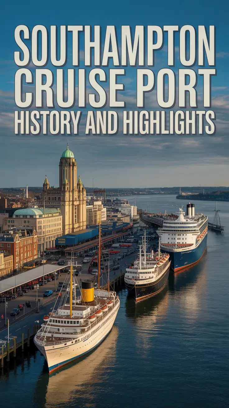 A vintage travel poster of Southampton Cruise Port featuring historic and modern ships, Victorian architecture, and Art Deco text in golden afternoon light.