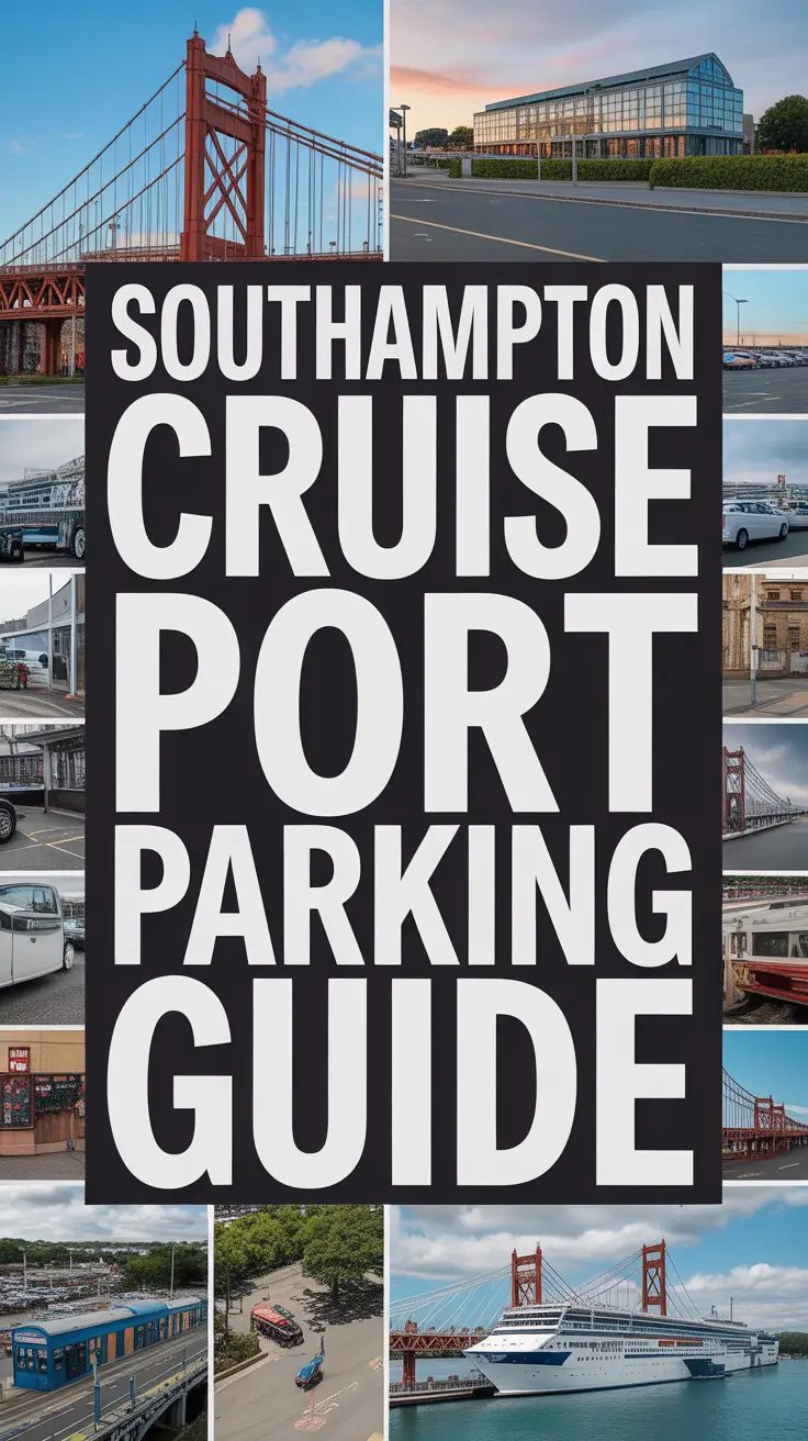 Bold white text reading "Southampton Cruise Port Parking Guide" stands out in a dark box, surrounded by a vibrant collage of realistic images.