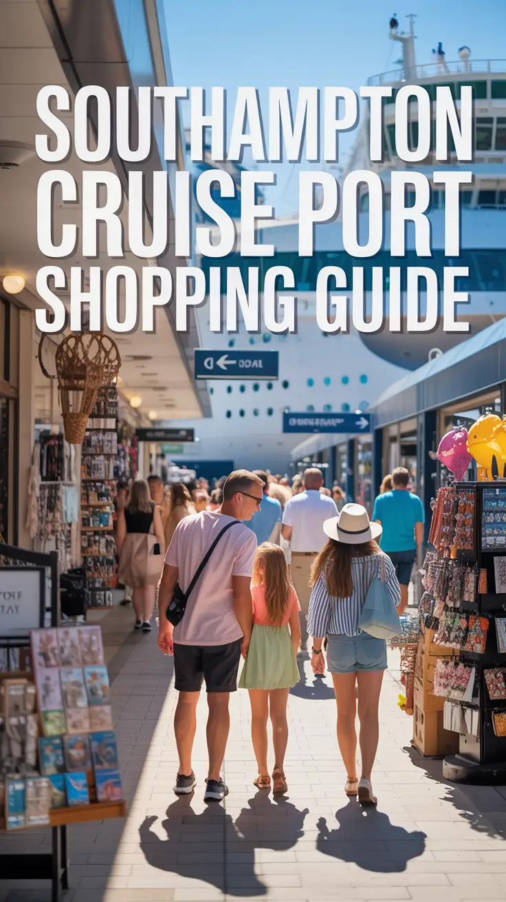 A vibrant lifestyle scene at Southampton Cruise Port with diverse travelers shopping in a sunlit arcade near cruise ships, featuring local crafts, luxury goods, and a cheerful family selecting souvenirs.