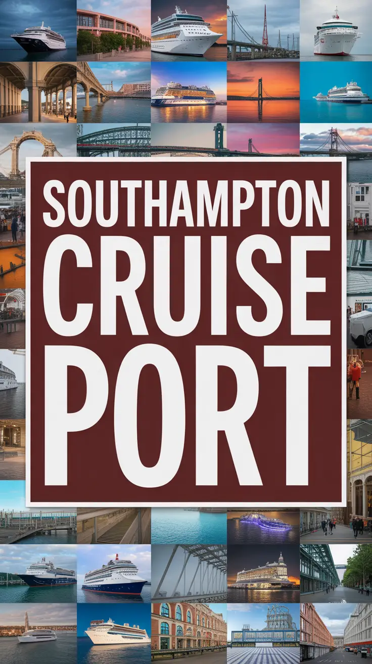 Southampton Cruise Port sign in bold white text on a dark box, surrounded by a vibrant collage of realistic images.