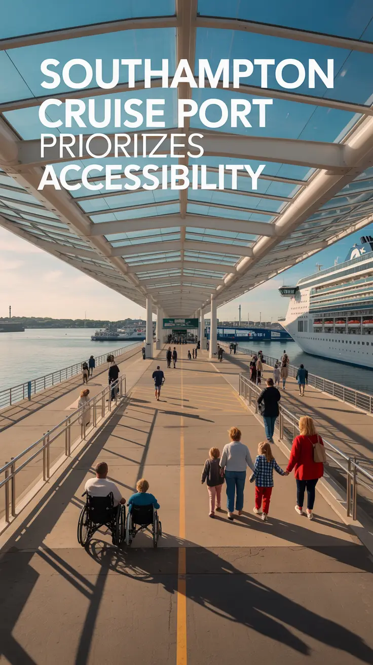 A vibrant, realistic poster of Southampton Cruise Port highlighting accessibility with ramps, wheelchair users, families with strollers, and helpful staff in a sunlit terminal.