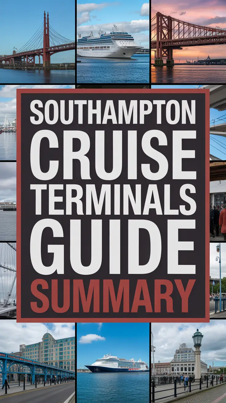 Bold white text reading "Southampton Cruise Terminals Guide Summary" on a dark box, surrounded by a vibrant collage of realistic travel images.