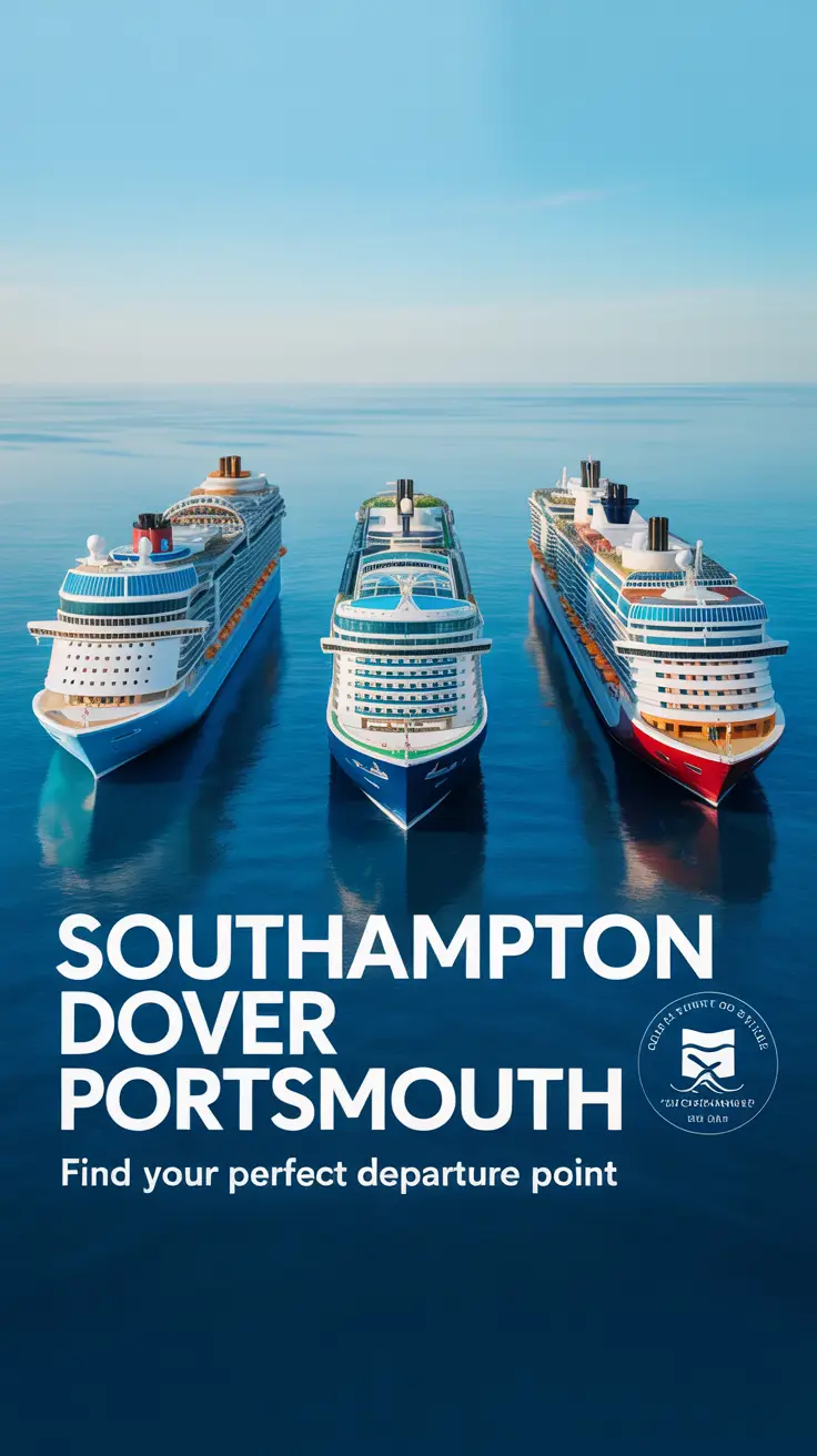 A product comparison ad showing detailed miniature cruise terminals of Southampton, Dover, and Portsmouth on a calming blue background, highlighting travel choice and luxury.