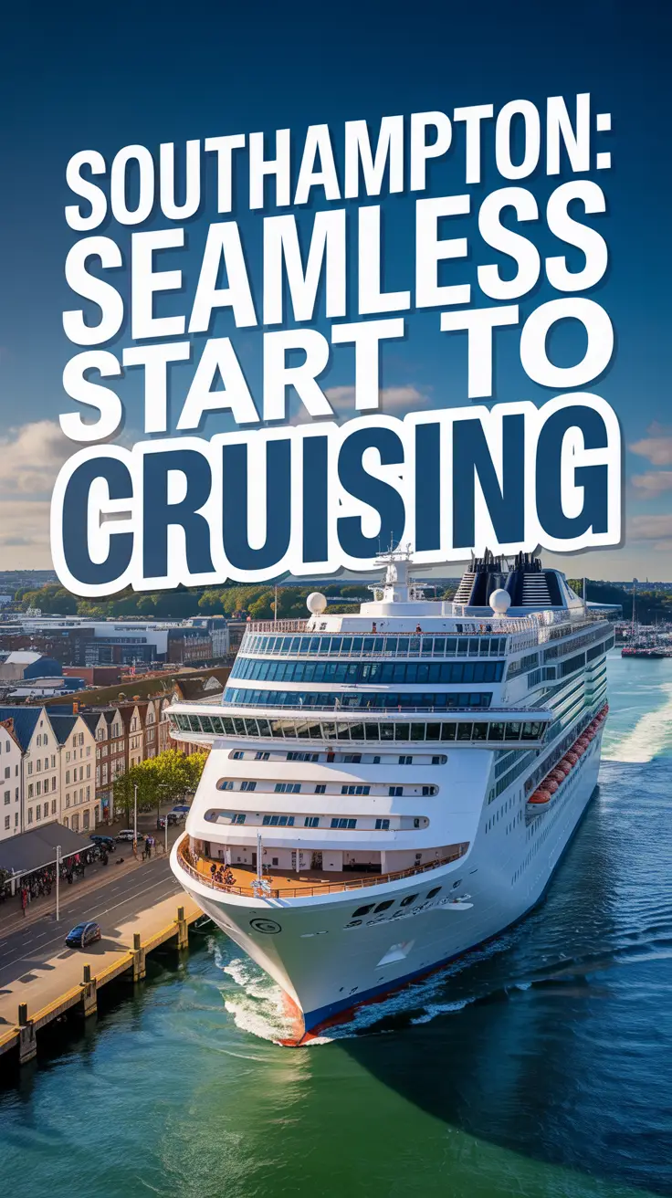 A large, modern cruise ship departs a bustling Southampton harbor at sunset, with historic buildings in the background and bold text reading "Southampton: Seamless Start to Cruising" across the top.