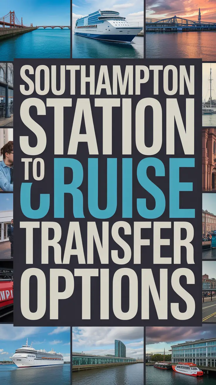 Bold white text reading "Southampton Station to Cruise Transfer Options" is displayed in a dark box over a collage of vibrant travel-themed images.