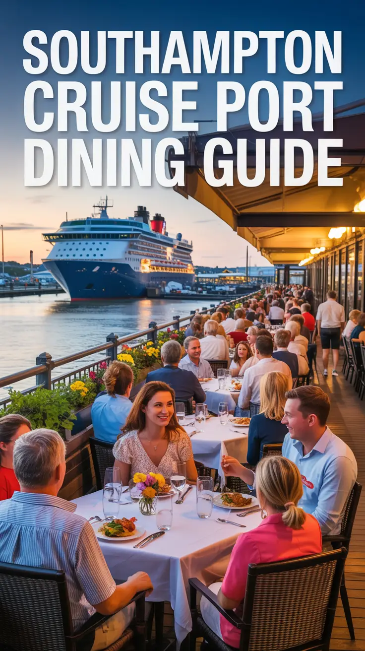 Vibrant travel guide poster featuring a warmly lit outdoor restaurant terrace overlooking Southampton cruise port at golden hour, with happy diners and waterfront views.