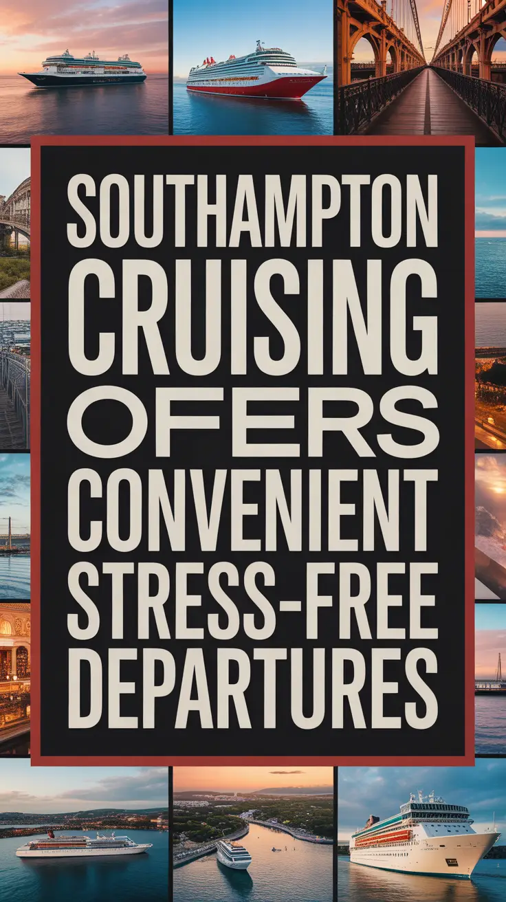 Bold white text in a dark box announces "Southampton cruising offers convenient stress-free departures," surrounded by a vibrant collage of realistic travel images.