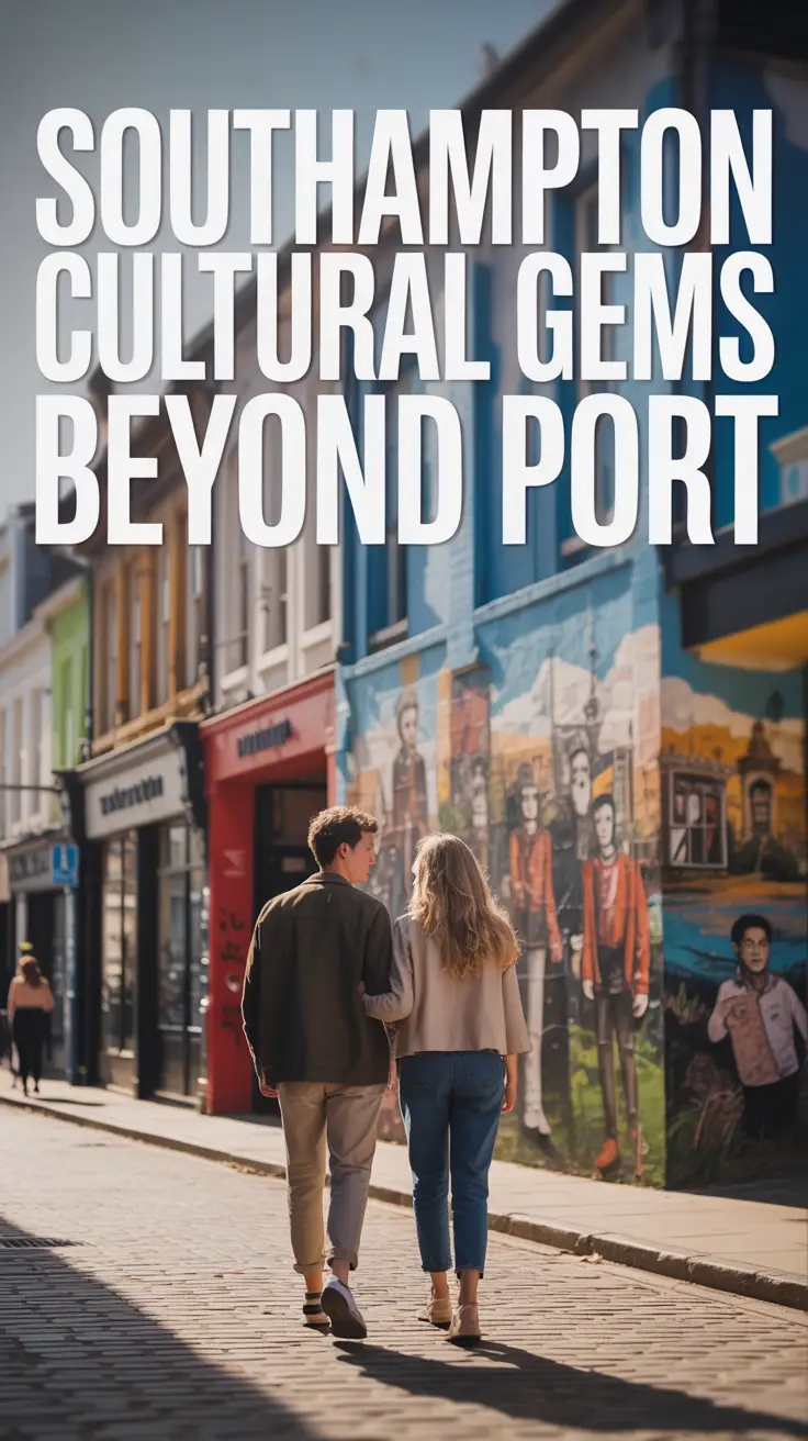A young couple strolls through a vibrant Southampton street art district at golden hour, surrounded by colorful murals and Victorian architecture.