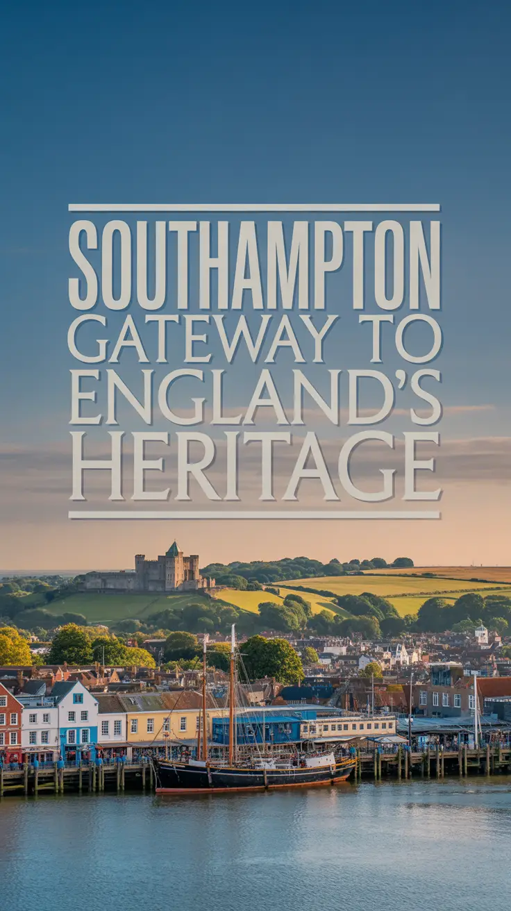 Panoramic landscape of Southampton's historic docks with vintage ships, colorful buildings, rolling green hills, and a distant medieval castle under a warm late afternoon sun.