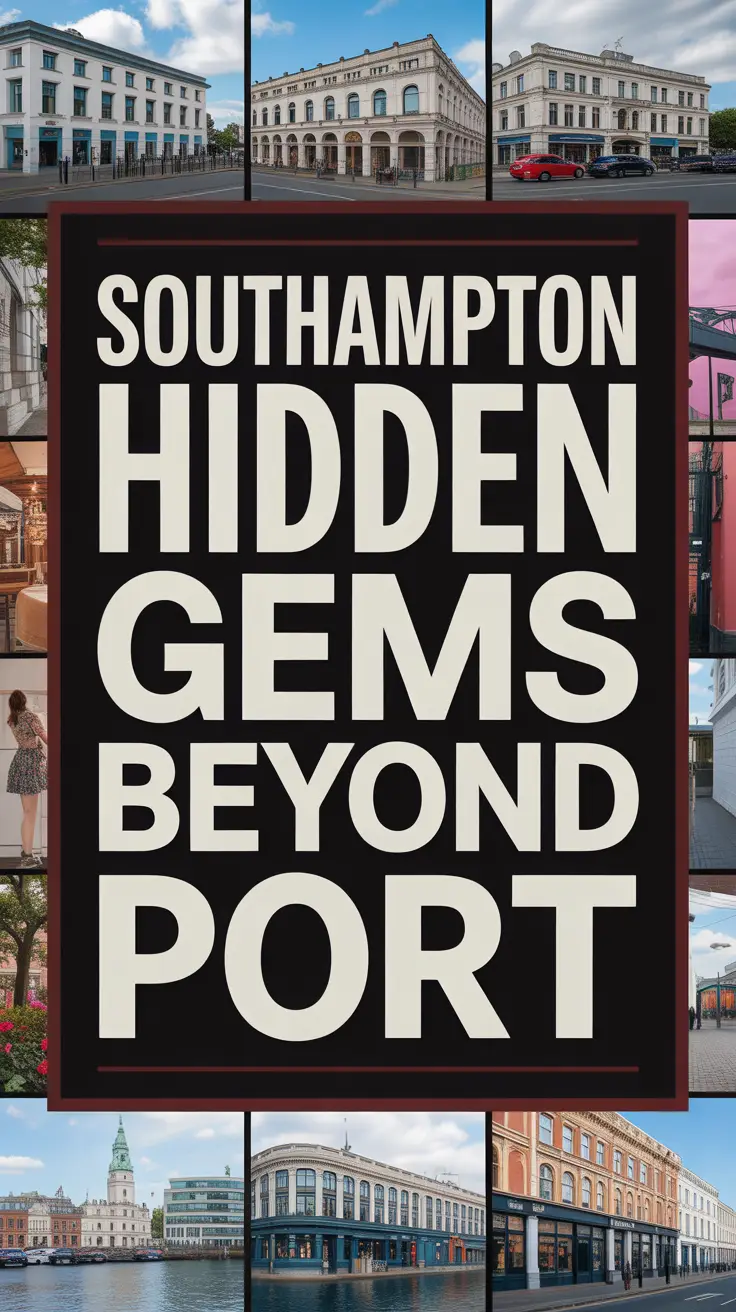Bold white text in a dark box reads "Southampton hidden gems beyond port," over a vibrant collage of realistic images.