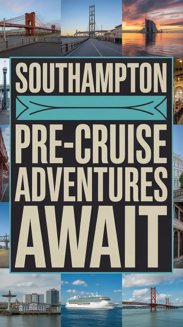 Bold white text in a dark box announces "Southampton pre-cruise adventures await," surrounded by a vibrant collage of realistic travel images.