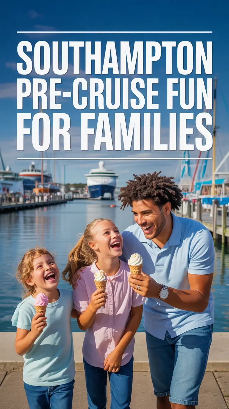 A family of four joyfully explores Southampton’s historic waterfront at golden hour, enjoying ice cream and posing for a photo with colorful boats and cruise ships in the background.