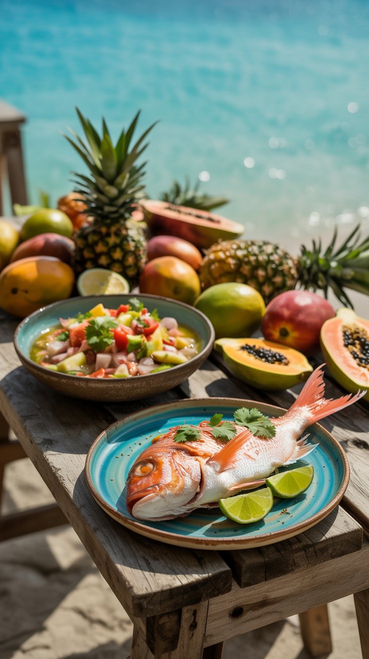 Una fotografia di una vivace scena culinaria sullo sfondo di una spiaggia caraibica turchese. Un rustico tavolo di legno espone una colorata composizione di ceviche fresco in una ciotola di ceramica, accanto a un dentice rosso grigliato alla perfezione, guarnito con spicchi di lime e coriandolo. Sparsi intorno al pesce e al ceviche, vivaci frutti tropicali come mango, ananas e papaya, disposti in modo visivamente accattivante. La luce del sole, calda e soffusa, illumina la scena, proiettando ombre delicate ed evidenziando i colori intensi del cibo e l'acqua cristallina sullo sfondo.