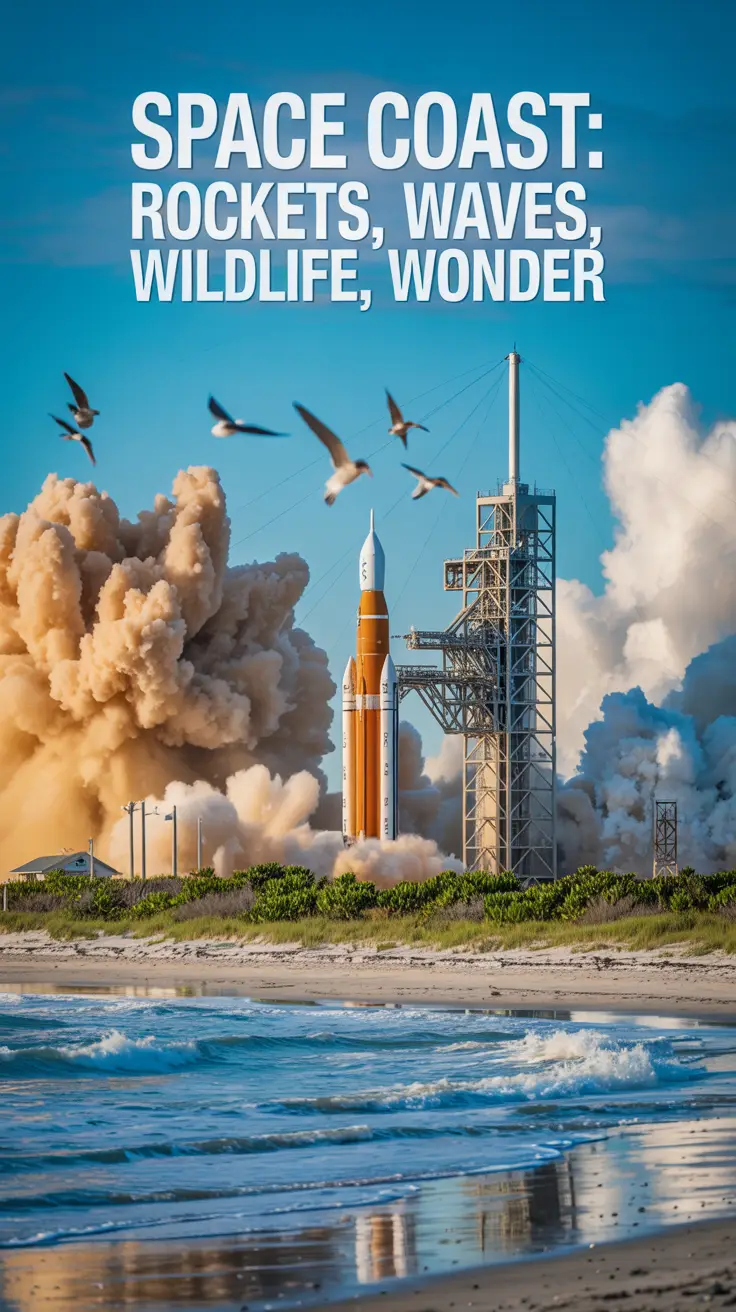 A panoramic, realistic landscape featuring a rocket on a launchpad near a beach with turquoise waves, flying shorebirds, coastal wildlife, and golden sunlight highlighting the harmony of nature and technology.