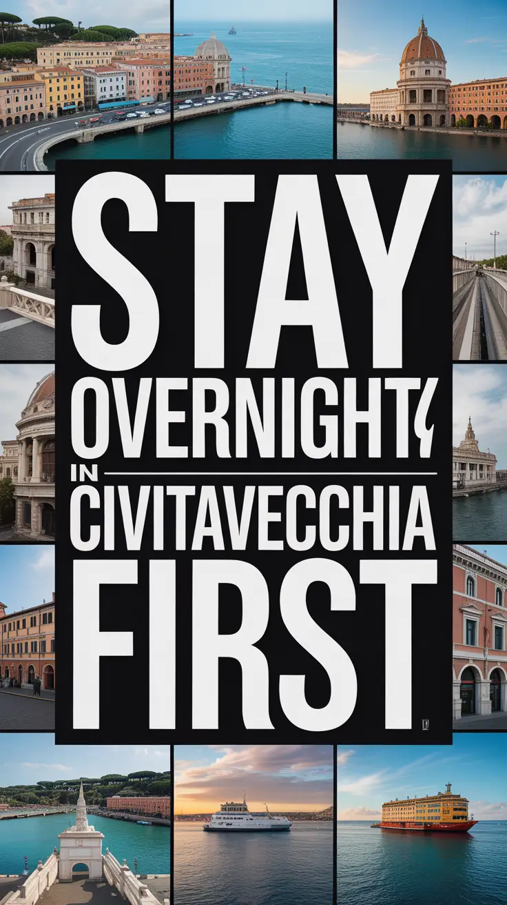Bold white text saying "Stay Overnight in Civitavecchia First" stands out against a dark box, surrounded by a vibrant collage of realistic travel images.
