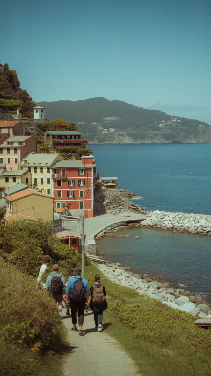 Cinque Terre’s Hidden Villages Revealed in striking bold white text over a dark box, surrounded by a vivid collage of realistic, colorful images showcasing scenic coastal villages.