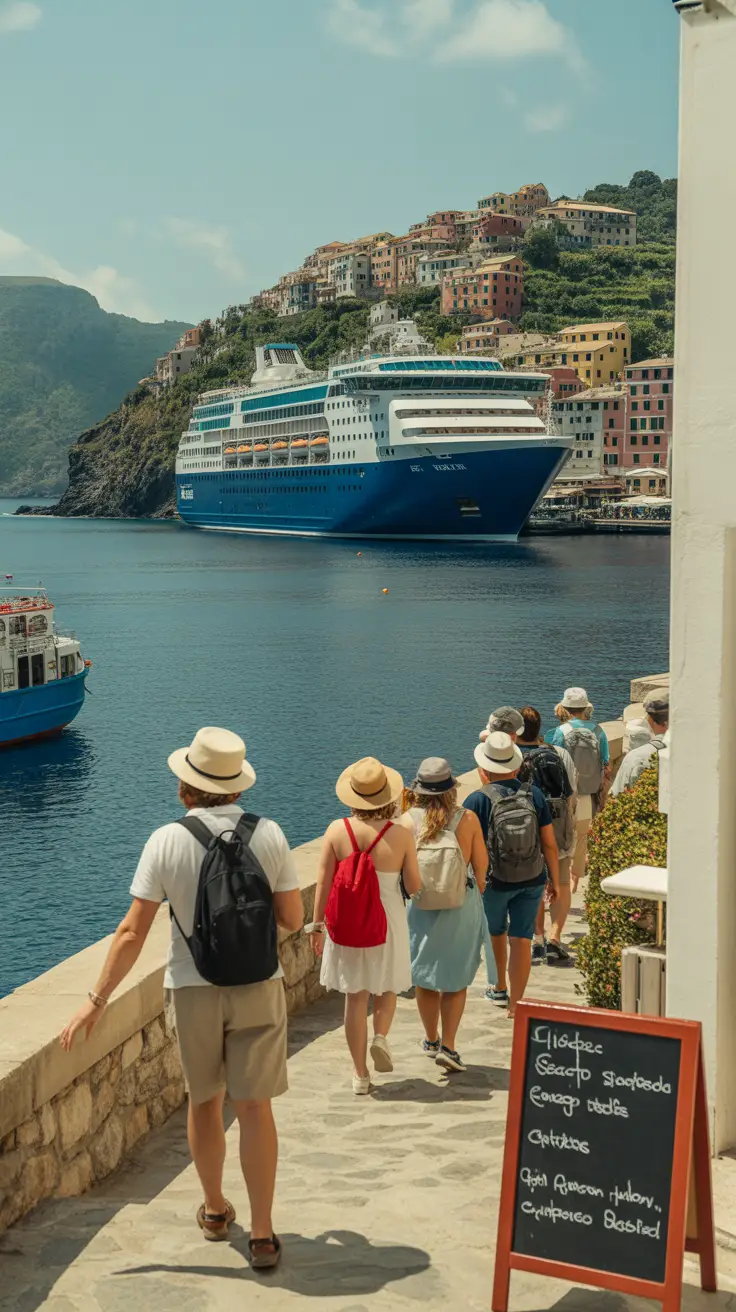 A photo of a cruise ship docked near the cliffs of Cinque Terre, Italy, with colorful cliffside buildings in the background and a basket of local foods — including fresh fish, tomatoes, and olives — in the foreground. Text overlay reads: "Cinque Terre Foods Cruise Passengers Crave" in bold, distinctive lettering.