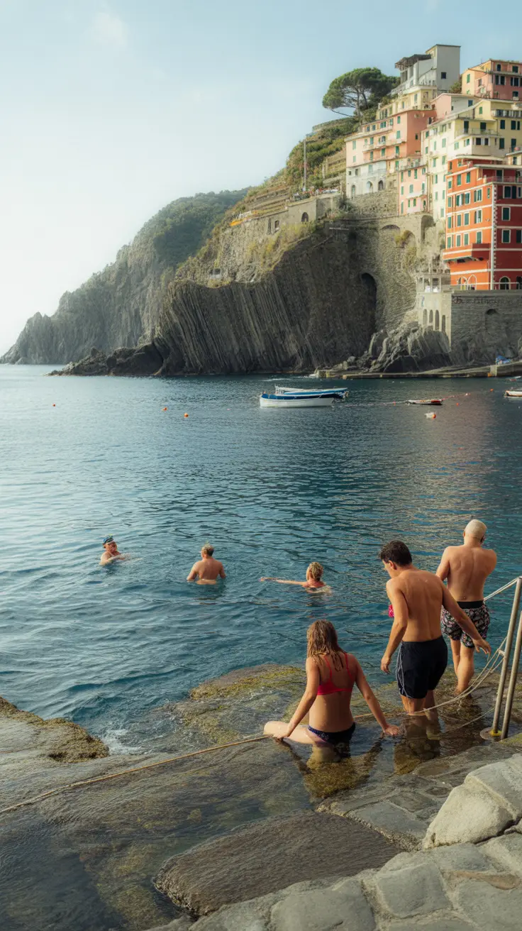 A photo collage of hidden swim spots featuring crystal clear waters with submerged rocks and trees, turquoise waterfalls, and a lush green forest background illuminated by dappled sunlight, overlaid with bold text reading "Secret Swim Spots Locals Won’t Share."
