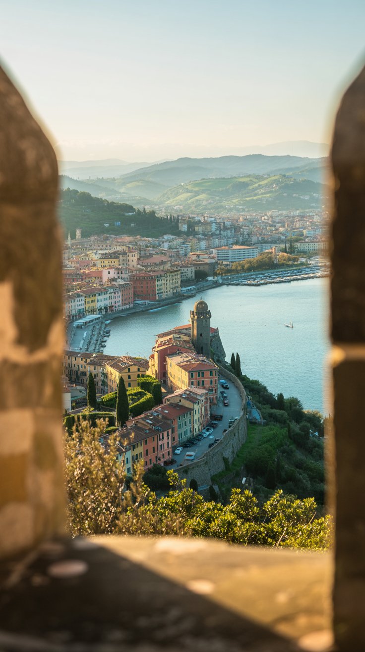A photograph showcasing the breathtaking panoramic view from Castello San Giorgio, a hilltop fortress overlooking La Spezia. The expansive vista reveals a sprawling cityscape with colorful buildings cascading down to the turquoise waters of the Gulf of Poets, framed by rolling green hills in the distance. In the foreground, weathered stone walls of the fortress partially obscure the view, creating depth and texture, while soft golden light bathes the scene during the late afternoon. The scene evokes a sense of tranquility and timeless beauty, with the air hazy from the warm sun.