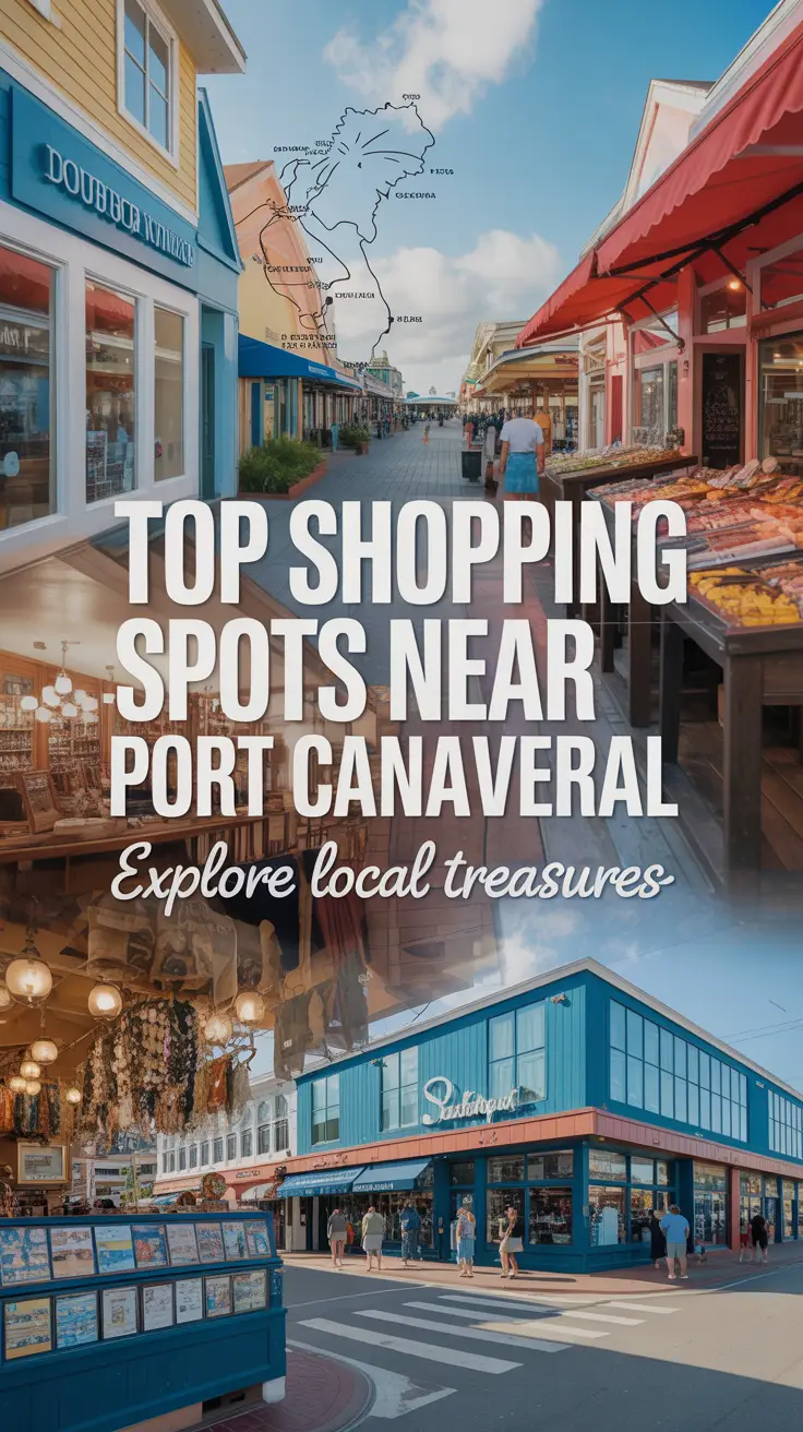 Collage of diverse shopping experiences near Port Canaveral, featuring boutiques, a seafood market, and a souvenir shop in sunny, energetic scenery with a hand-drawn map and bold promotional text.