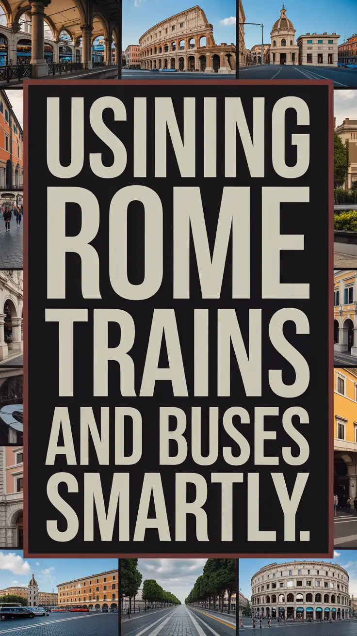 Big white bold text reading "Using Rome Trains and Buses Smartly" stands out in a dark box, surrounded by a vibrant collage of realistic travel-themed images.