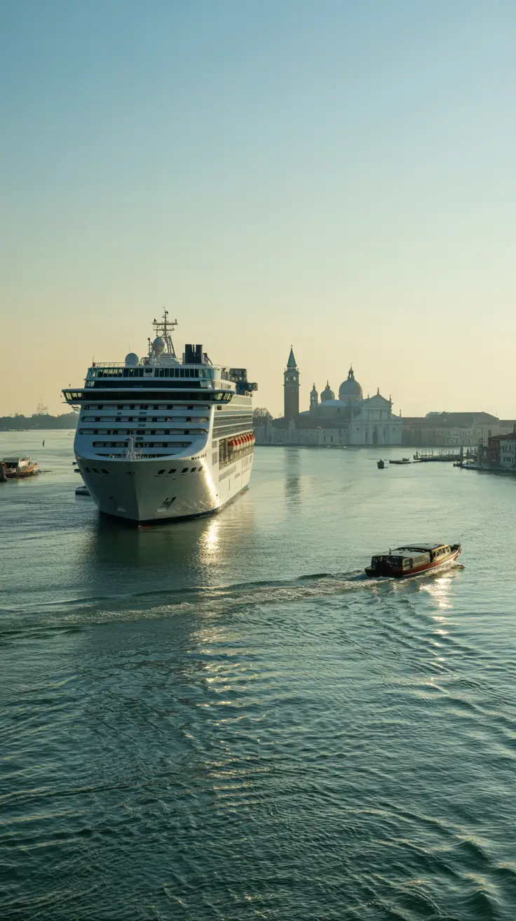 A large cruise ship anchored far offshore, its white hull gleaming against the hazy morning sky; a small water taxi moves toward the city in the foreground, leaving a gentle wake in the greenish-blue lagoon; in the distance, the soft silhouette of Venice's historic skyline—bell towers and domes rising above the low buildings—partially obscured by sea mist.