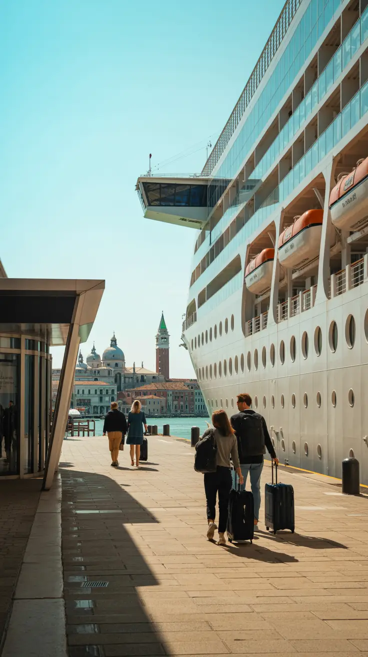 A sleek white cruise ship docked beside the modern check-in terminal at the Venice Cruise Port, with travelers wheeling suitcases along a sunlit walkway; in the background, the soft outline of Venetian rooftops and bell towers rises beneath a clear blue sky.